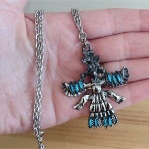 Vintage Kachina Thunderbird Pendant Necklace Faux Turquoise Native American